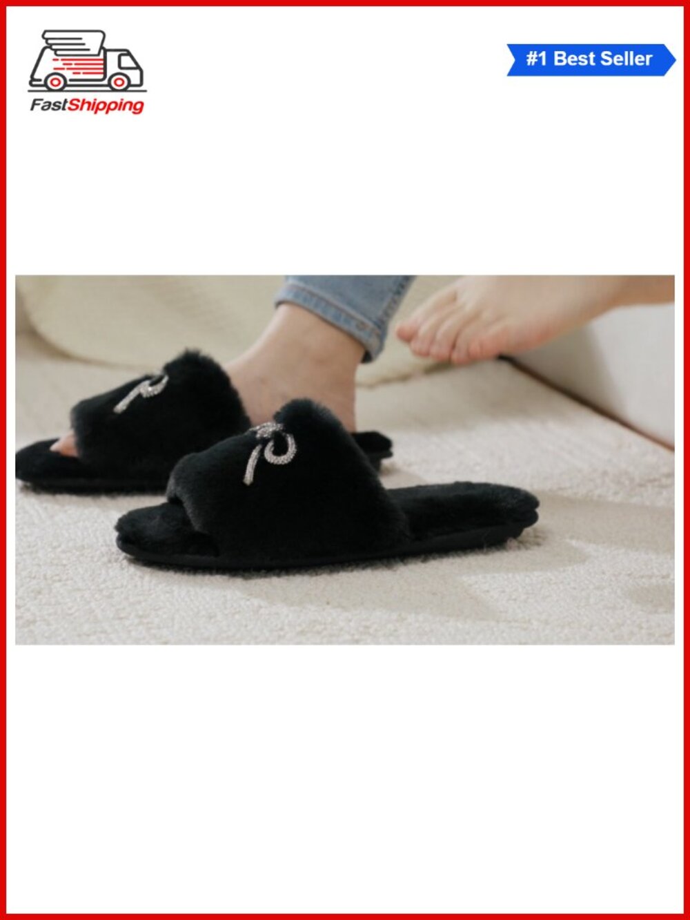 โจ Fuzzy Open Toe House Slippers with Rhinestone Bow - Picture 6 of 6